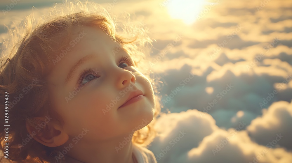 A young child looks up at the bright sunlight above A young child looks up at the bright sunlight above