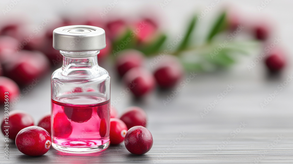 vibrant display of cranberry extract in glass vial surrounded by berries vibrant display of cranberry extract in glass vial surrounded by berries