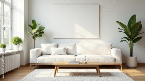 Serene Living Room Interior Design with Minimalist Decor and a Blank Canvas