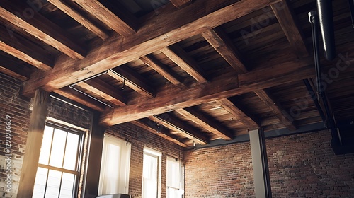 Interior with Exposed Wood Beams and Brick Walls with Natural Light