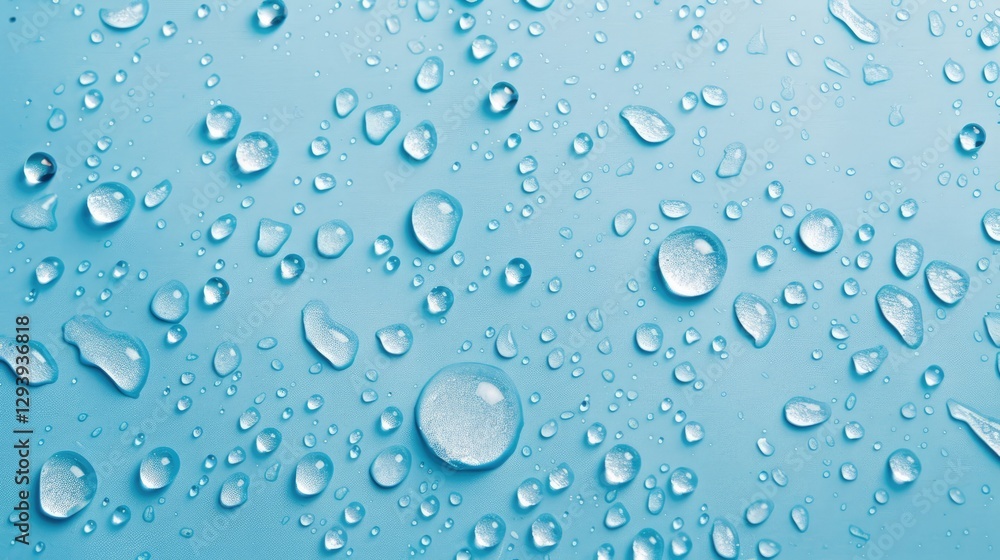 Close-up of water droplets on a blue surface with a bokeh effect. The image turns out to be dreamy and soft, embodying freshness and clarity. Close-up of water droplets on a blue surface with a bokeh effect. The image turns out to be dreamy and soft, embodying freshness and clarity.