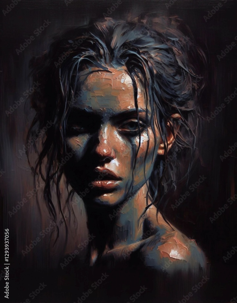 A compelling portrait of a woman rendered in impressionistic textures, evoking emotions through dramatic lighting, rich tones, and artistic expressiveness. Perfect for concepts of emotion, art, and in A compelling portrait of a woman rendered in impressionistic textures, evoking emotions through dramatic lighting, rich tones, and artistic expressiveness. Perfect for concepts of emotion, art, and in