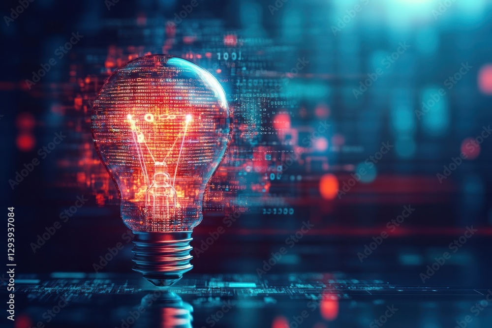 Illuminated Light Bulb with Digital Patterns and Colorful Data Stream Background Illuminated Light Bulb with Digital Patterns and Colorful Data Stream Background