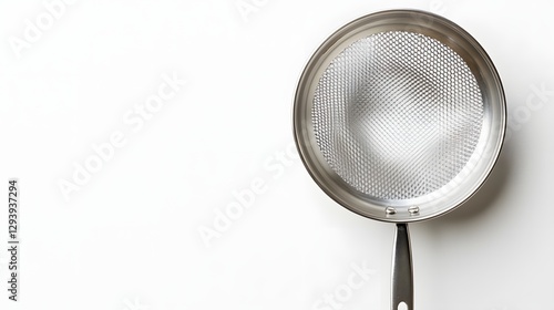 Shiny silver strainer with handle rests on white surface