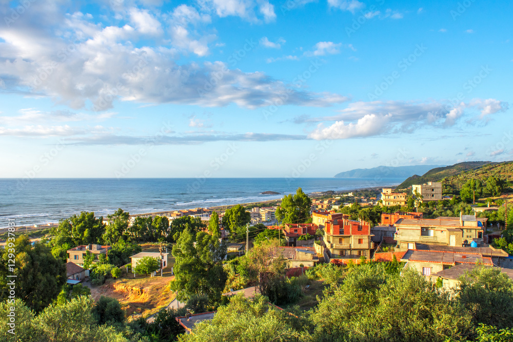 Obraz premium algeria, village, mediterranean sea, africa, north africa, algiers, aerial africa, algeria village, algerian, african village, algeria tourism, aerial, arab, road, arabic, jijel, morning, african.