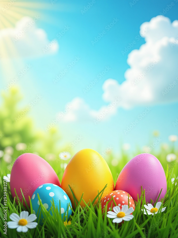 Vibrant Colored Eggs Fill A Sunny Meadow Scene On This Cheerful Horizontal Easter Banner Display. Vibrant Colored Eggs Fill A Sunny Meadow Scene On This Cheerful Horizontal Easter Banner Display.