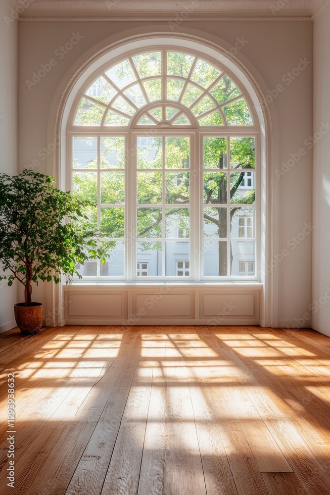 Fototapeta premium Bright Interior with Large Arched Window Overlooking Lush Green Trees and Wooden Floor Casting Shadows in a Minimalist Room