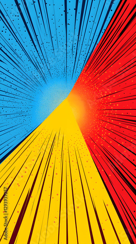 Comic book background with three rays of different colors: blue, red, and yellow
