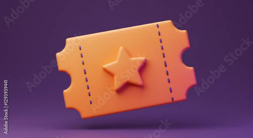 Orange 3D Render Ticket with Star on Purple Background
