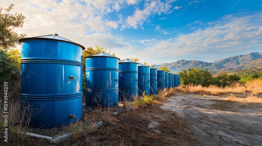 A schoolyard with large blue water storage tanks collecting rainwater, ensuring a sustainable water source, side copy space A schoolyard with large blue water storage tanks collecting rainwater, ensuring a sustainable water source, side copy space