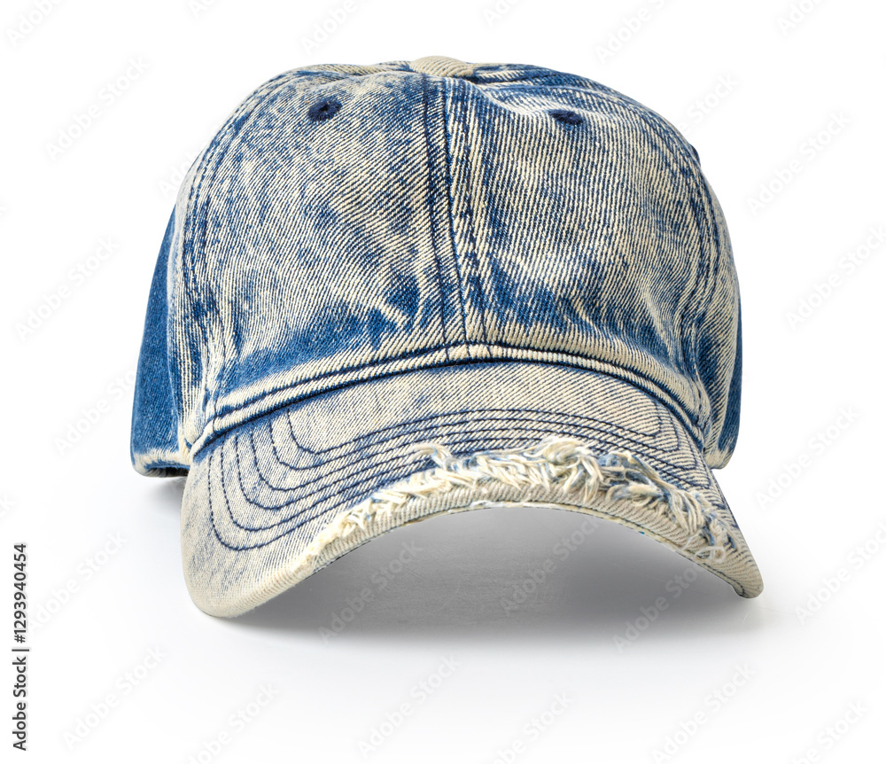 Fototapeta premium Light blue denim baseball cap with frayed brim on white background