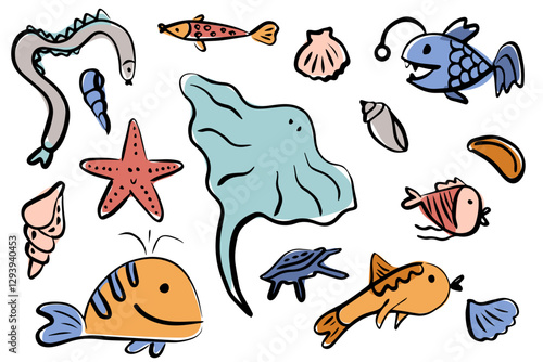 Colorful Hand-Drawn Marine Life Illustration - Cute Cartoon Sea Creatures, Fish, Starfish, Shells, and Ocean Elements in Playful Doodle Style for Kids, Prints, and Nautical Designs