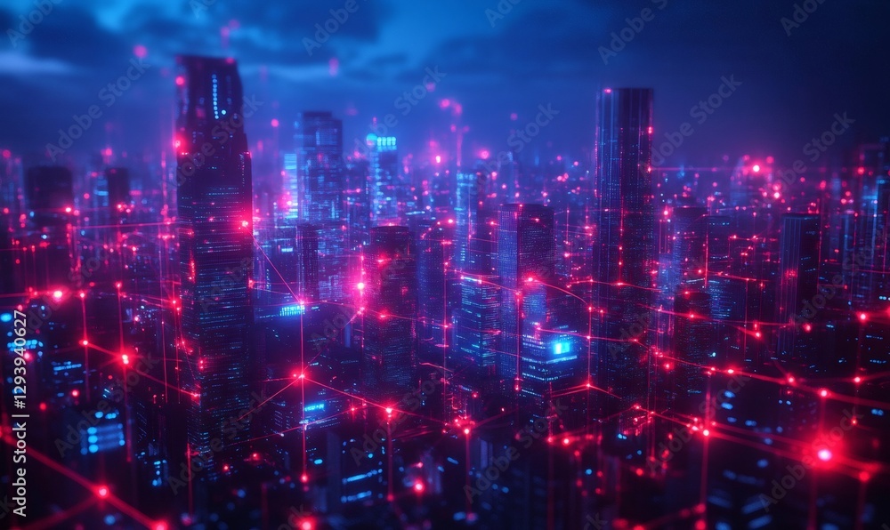 Red lines connecting buildings in futuristic cityscape at night, symbolizing data flow and advanced technology in urban environment Red lines connecting buildings in futuristic cityscape at night, symbolizing data flow and advanced technology in urban environment