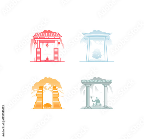 Gate Illustrations with various kinds. Asian gate, Greek Gate, Indonesian gate, Japanese gate, and Chinese gate.