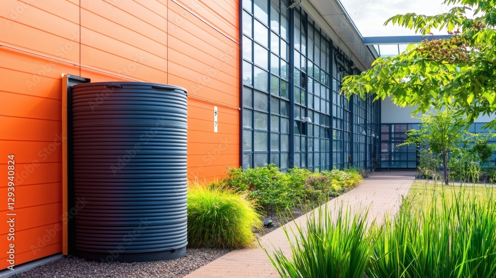 A simple and clean isolated image of a school building with a visible rainwater harvesting tank, showcasing environmental awareness, side copy space A simple and clean isolated image of a school building with a visible rainwater harvesting tank, showcasing environmental awareness, side copy space