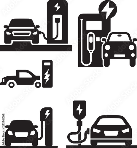 Electric Car Charging Station Silhouette Icon Set – EV Charger, Eco Transport, and Renewable Energy Symbols