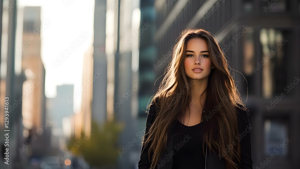 A woman with long hair stands in a city environment, with tall buildings and a soft morning light in the background. Concept Urban Portrait, Morning Light, Long Hair, Cityscape Background A woman with long hair stands in a city environment, with tall buildings and a soft morning light in the background. Concept Urban Portrait, Morning Light, Long Hair, Cityscape Background
