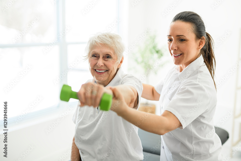 physiotherapist helping senior woman in clinic. Elderly woman undergoing physiotherapy treatment for injury