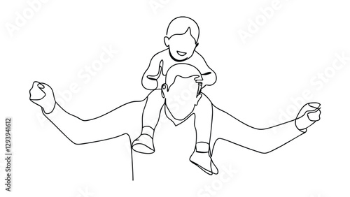A singleline drawing depicts a joyful father giving his toddler a piggyback ride. The child sits happily on the fathers shoulders, showcasing a loving and playful bond. Simple, yet expressive.