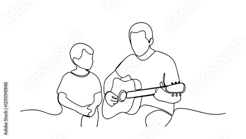A singleline drawing depicts a father patiently teaching his son to play an acoustic guitar. It showcases a heartwarming fatherson moment focused on music education and family bonding.