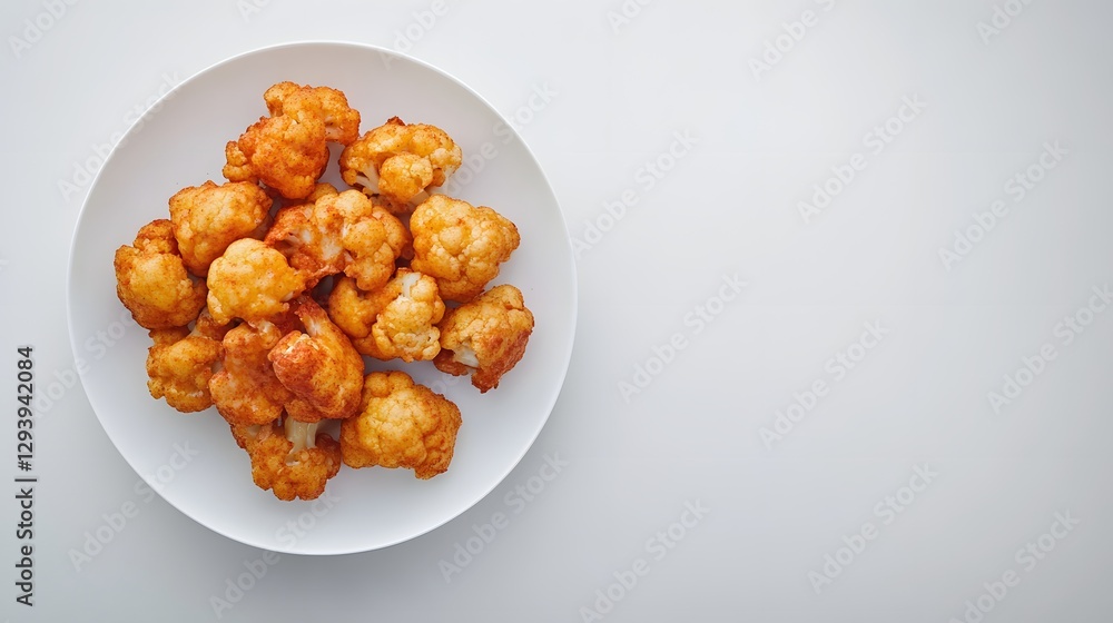 Fried cauliflower florets served on a white plate display Fried cauliflower florets served on a white plate display