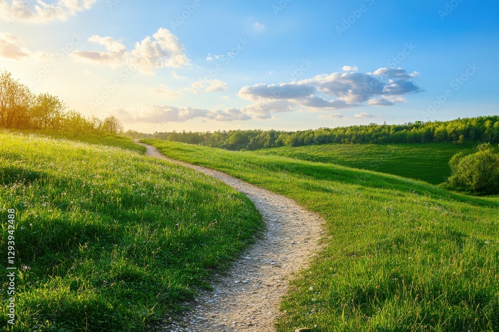 Picturesque winding trail through vibrant green meadow at dawn with backdrop of clear blue sky and fluffy clouds, perfect for nature enthusiasts seeking tranquil outdoor scenes Picturesque winding trail through vibrant green meadow at dawn with backdrop of clear blue sky and fluffy clouds, perfect for nature enthusiasts seeking tranquil outdoor scenes