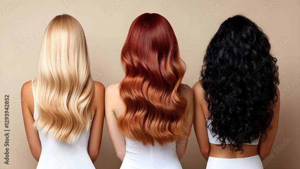 Fototapeta premium Three women with long, wavy hair in different colors: blonde, red, and black, standing side by side against a neutral background. Concept Diverse Hair Colors, Long Wavy Hairstyles, Sisterly Bond