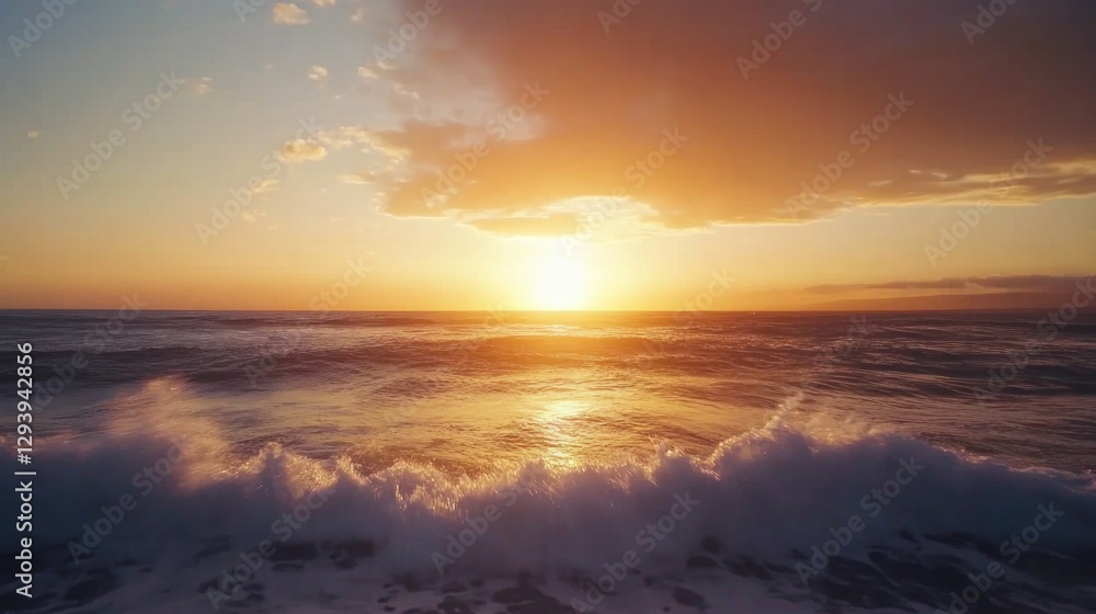A stunning sunset over the ocean with waves crashing onto the shore, soft gradient colors in the sky, wide-angle view of the horizon, landscape photography A stunning sunset over the ocean with waves crashing onto the shore, soft gradient colors in the sky, wide-angle view of the horizon, landscape photography