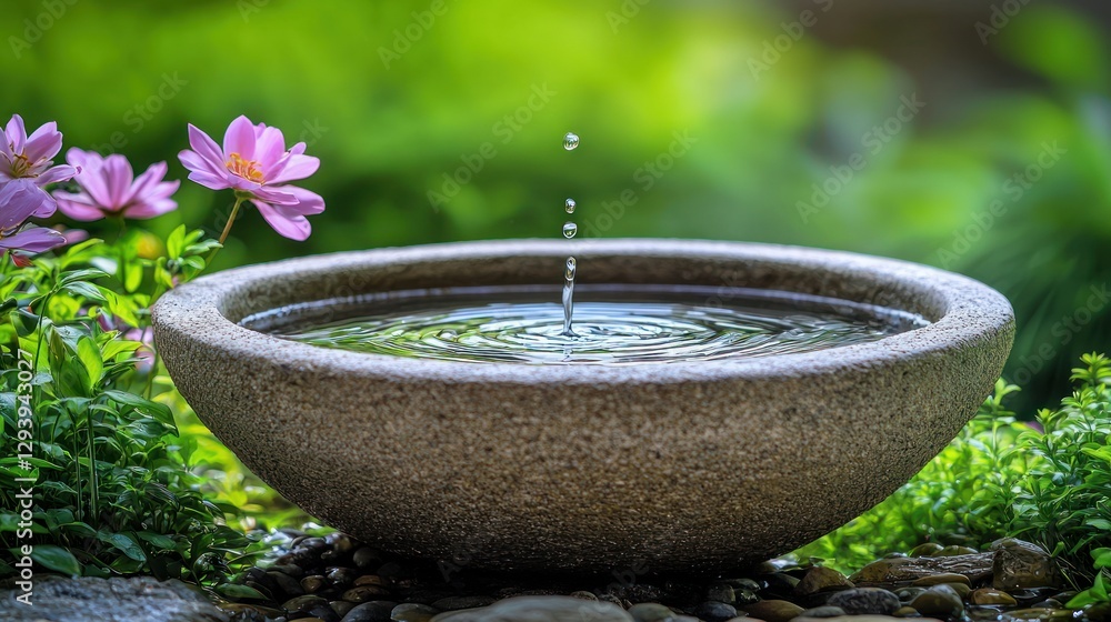 Tranquil water droplet in stone garden bowl Tranquil water droplet in stone garden bowl