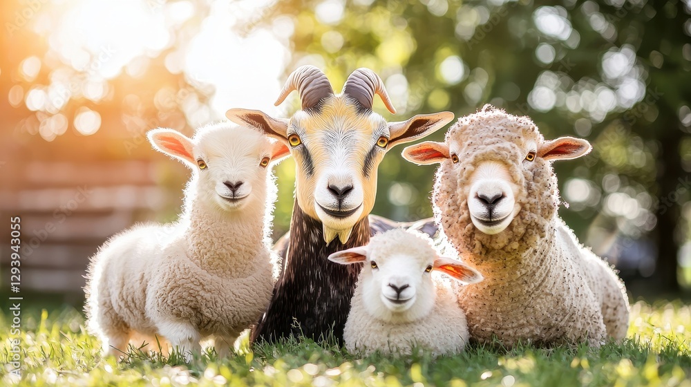 Fototapeta premium Four sheep and a ram pose together in a sunny, green field, showcasing their woolly coats and playful expressions.