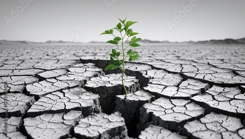 A small green plant breaks through dry, cracked soil in a vast expanse, highlighting the struggle for life in a drought-affected environment with distant mountain views