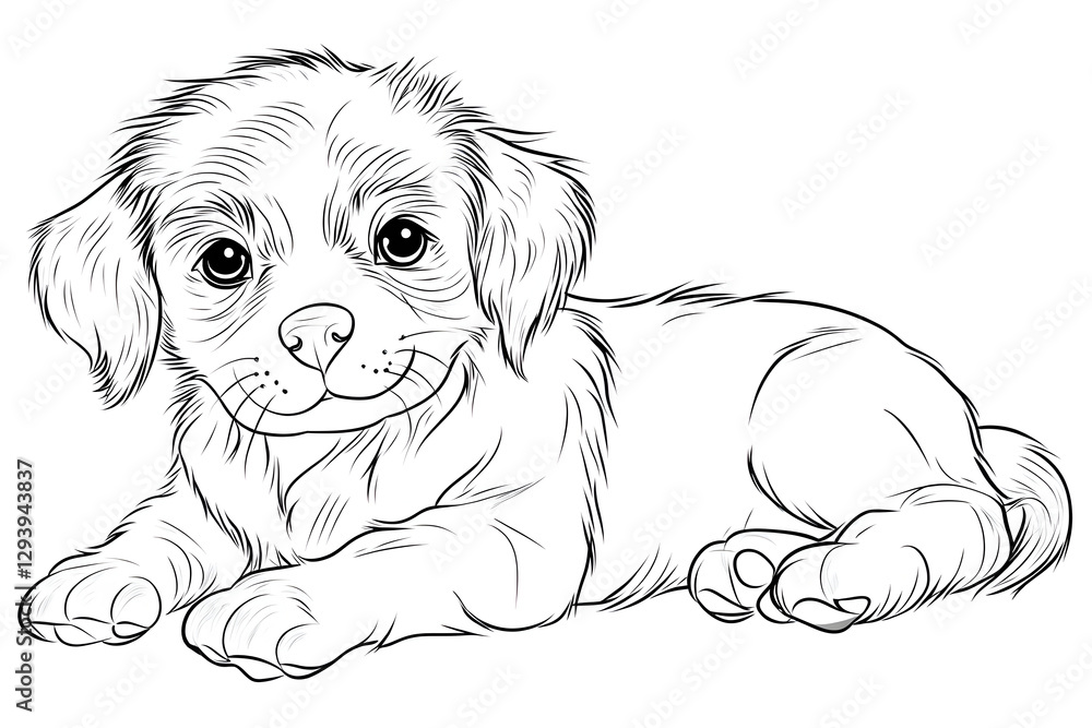 Fototapeta premium Puppy Dog Lying Down Illustration Detailed Line Art Style