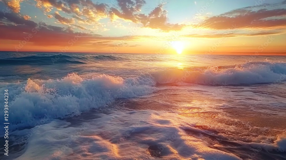 Fototapeta premium A mesmerizing sunset over the ocean with waves crashing gently on the shore creating a beautiful scene