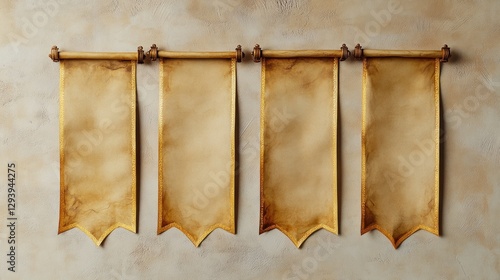 Five blank parchment scrolls hanging, beige background, medieval design, website template