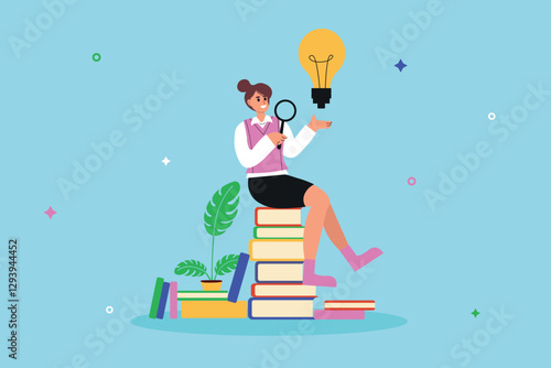 business woman with books analyze information, search for ideas, development, understanding new things, a person searches with a magnifying glass	
