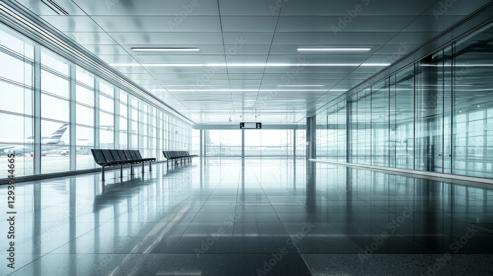 Modern Airport Terminal Interior with Empty Waiting Area and Glass Walls Modern Airport Terminal Interior with Empty Waiting Area and Glass Walls