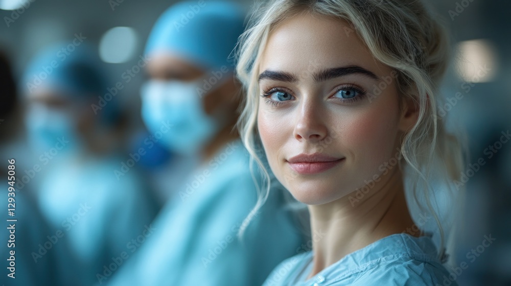 Obraz premium Confident doctor in hospital, surgical team background