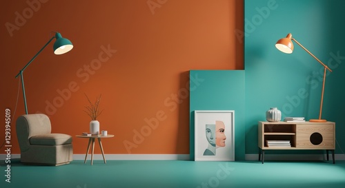 A teal and orange room features a beige armchair, side table, floor lamps, and a modern art print. A wooden media cabinet adds a warm touch. Minimalist style.