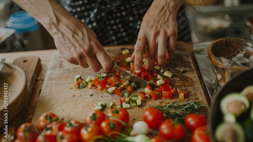 Hands cooking and chopping vegetables