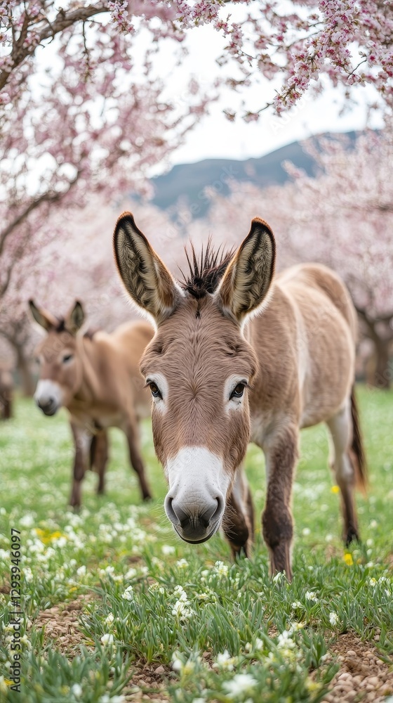 Adorable Donkey in a Spring Blossom Garden Adorable Donkey in a Spring Blossom Garden