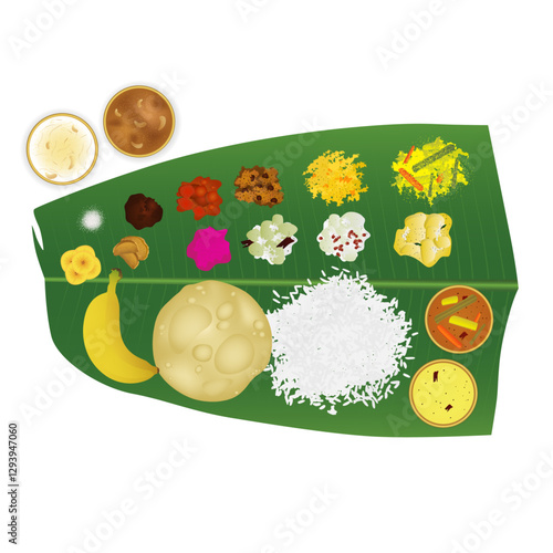 Traditional Onam, Vishu Sadhya on Banana Leaf, Kerala Traditional South Indian Sadhya Vector Illustration
