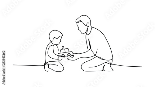 Father and Son Playing with Toy Truck, OneLine Drawing