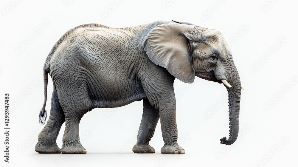 Obraz premium A captivating 3D-rendered elephant in shades of gray and white gracefully turns to the left, its body elegantly angling rightward, embodying serene strength in every curve