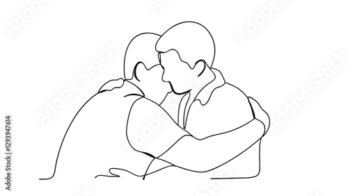 A singleline drawing depicts two men embracing, conveying comfort, support, and emotional connection. Their posture suggests intimacy and shared feelings. The simple style emphasizes their bond.