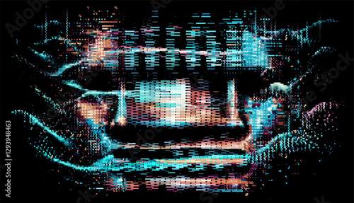 Vector illustration of a digital, pixelated face emerging from a dark background, creating a futuristic and mysterious atmosphere with glitch-like visual effects.
