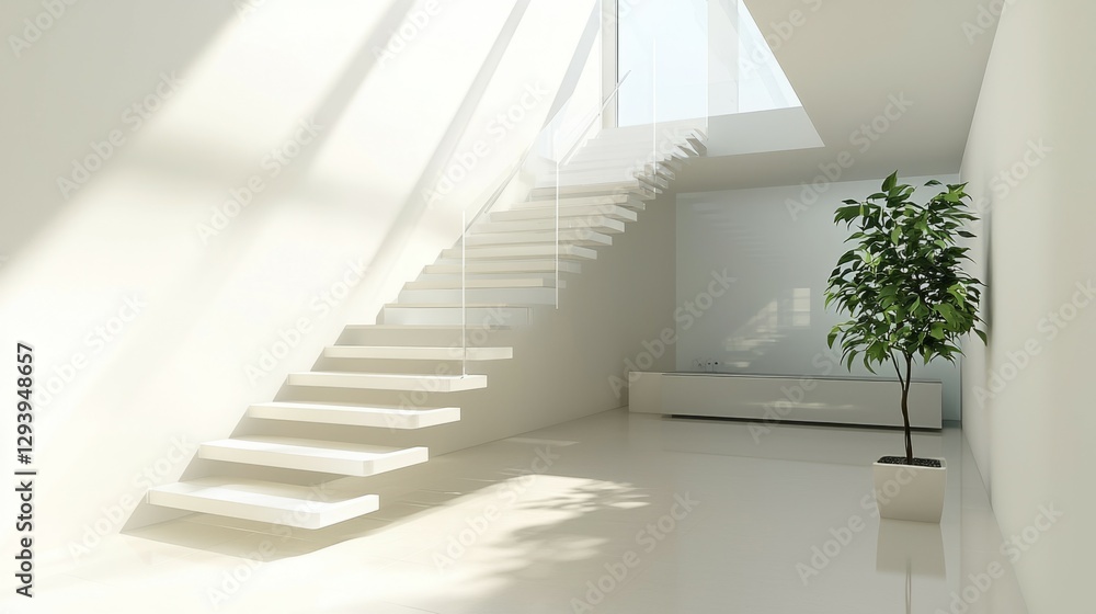 Fototapeta premium Modern Minimalist Interior with Staircase and Potted Plant