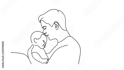 A minimalist line drawing depicts a father tenderly holding and kissing his infant child. The image portrays love, care, and the special bond between parent and child.