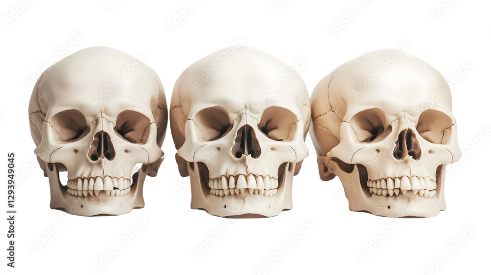 Group view of three detailed human skulls with visible features, isolated on transparent background Group view of three detailed human skulls with visible features, isolated on transparent background