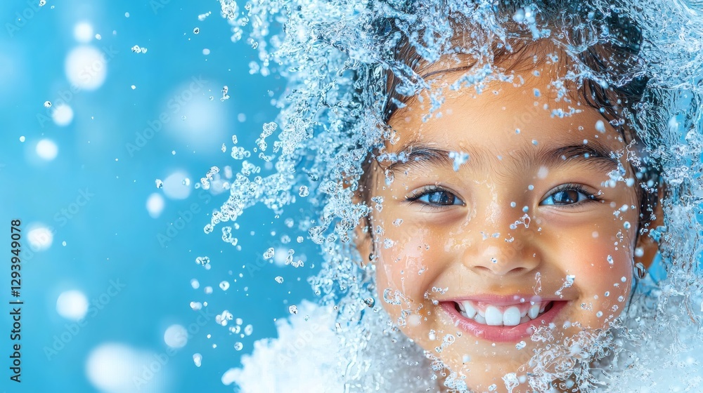 Double exposure of a happy childs face blended with pure, flowing water, representing life and hope, copy space on the left. Double exposure of a happy childs face blended with pure, flowing water, representing life and hope, copy space on the left.