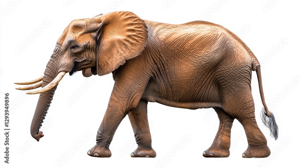 Fototapeta premium A captivating 3D render of a majestic medium-sized elephant, showcasing its thick trunk and prominent tusks. Its light brown, gently wrinkled hide exudes an earthy grace, embodying strength and elegan